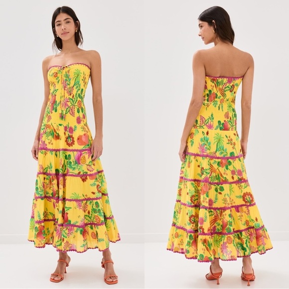 Farm Rio Delicate Fruit Garden Yellow Smocked Strapless Halter Tiered Maxi Dress - Picture 2 of 14